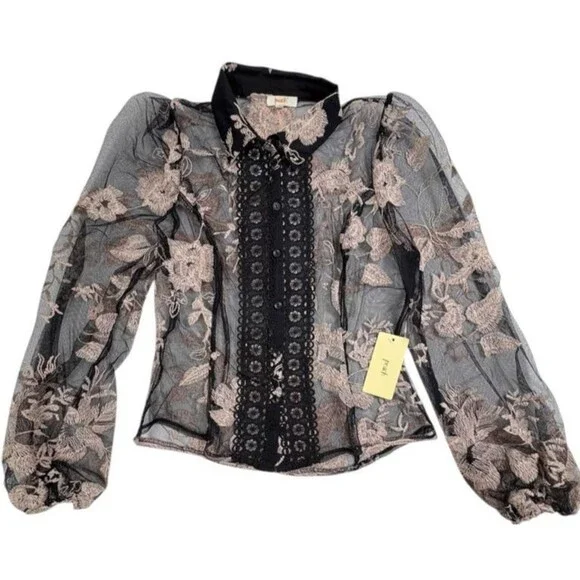 NWT Mesh Floral Dark Fairy Whimsigoth Blouse Top Goth Crochet Sexy Romantic M - Picture 1 of 16